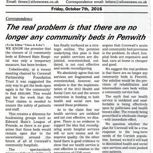Presscutting: St Ives Times and Echo "The real problem is that there are no longer any community beds in Penwith" letter from Jan Williams and Jane Varker