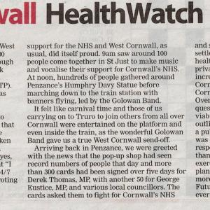 Presscutting: March has been a busy month for West Cornwall HealthWatch. At least 500 members of the public passed through the doors of our pop-up shop, all keen to talk about the future of the NHS and Cornwall's Sustainability and Transformation plan (STP)....