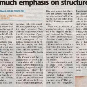 Presscutting: Too much emphasis on structures. Last month we reported that our local NHS organisation has agreed to set up an Accountable Care System (ACS) to be officially launched on April 1st, with plans to go live in April 2019...